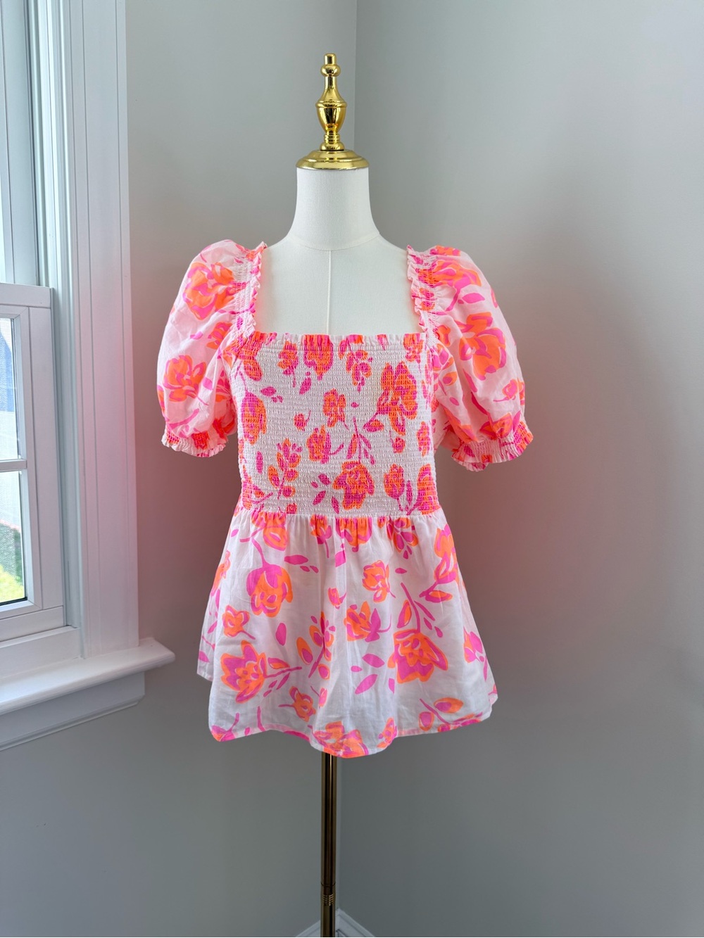 Vineyard Vines Pink & Orange Floral Smocked Peplum Top